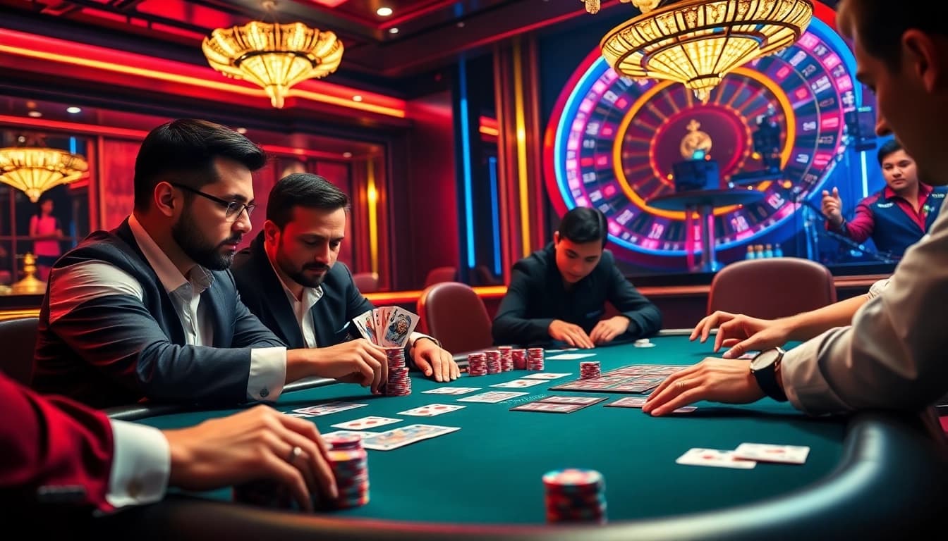 RR88 poker players strategizing over a high-stakes game with chips and cards.