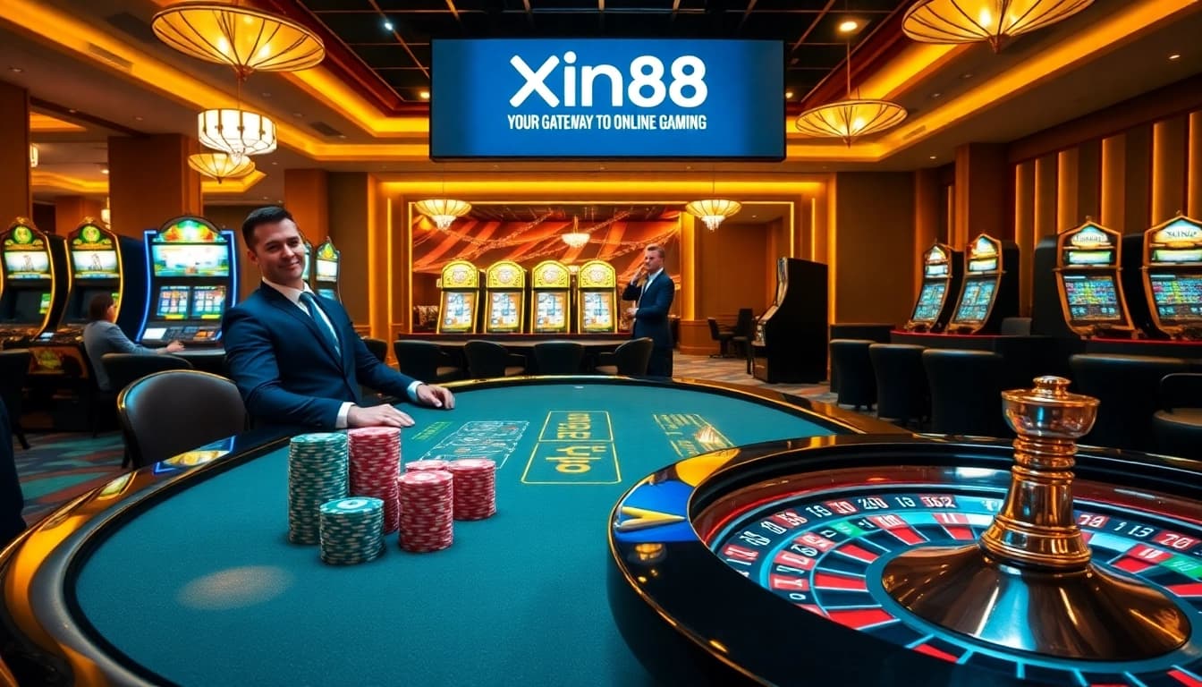 Experience the excitement of Xin88 at a luxurious casino, with poker tables and vibrant slot machines.