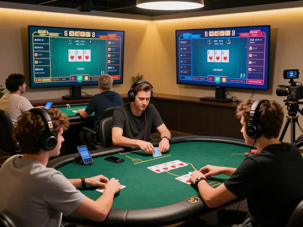 Pemain Master88 merencanakan strategi dalam permainan poker online yang menarik, menunjukkan semangat dan interaksi digital.
