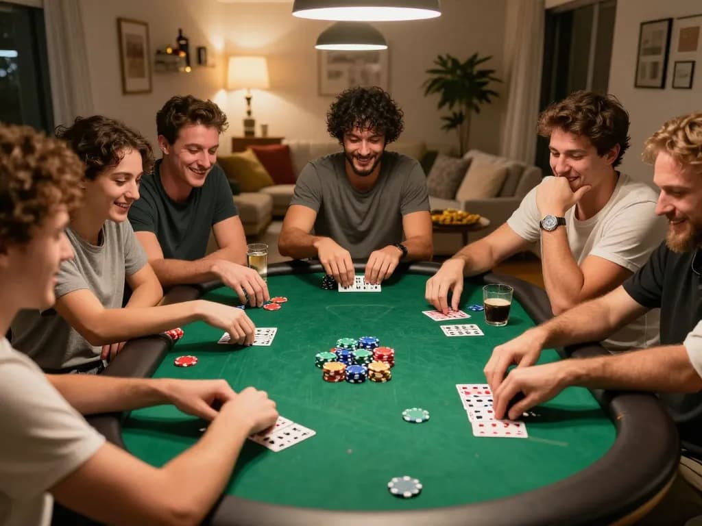Engaging poker night with friends playing Poker Online Domino QQ, vibrant atmosphere around a round table.