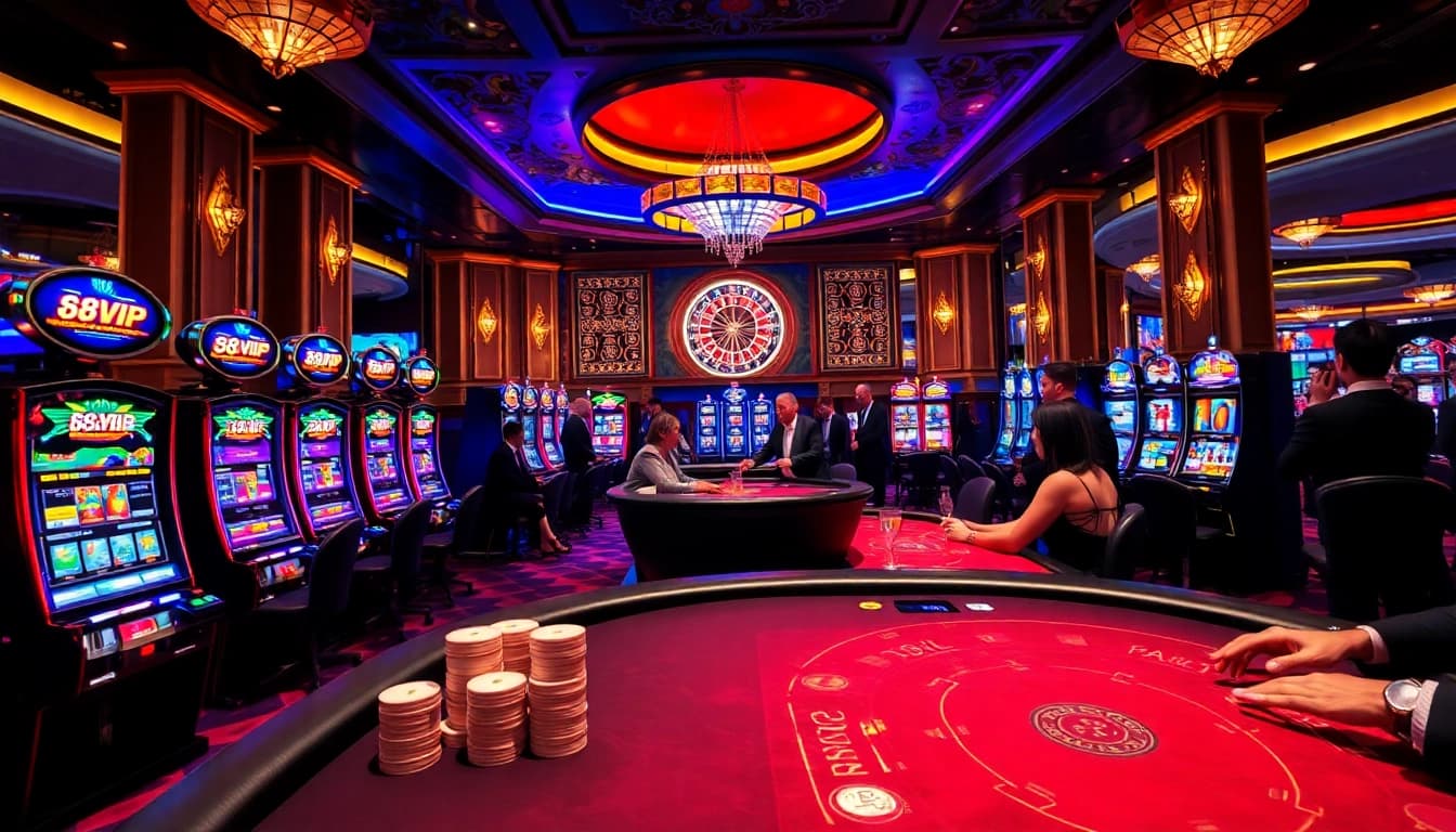 Experience the thrilling atmosphere of 68VIP with excited gamblers at luxurious poker tables.