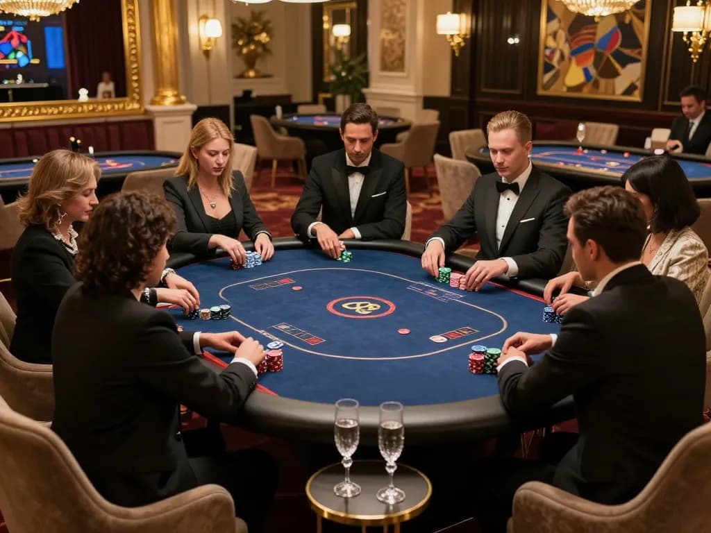 Engaged players at an MM88 poker table in a luxurious casino setting, showcasing high-stakes gameplay and elegant decor.