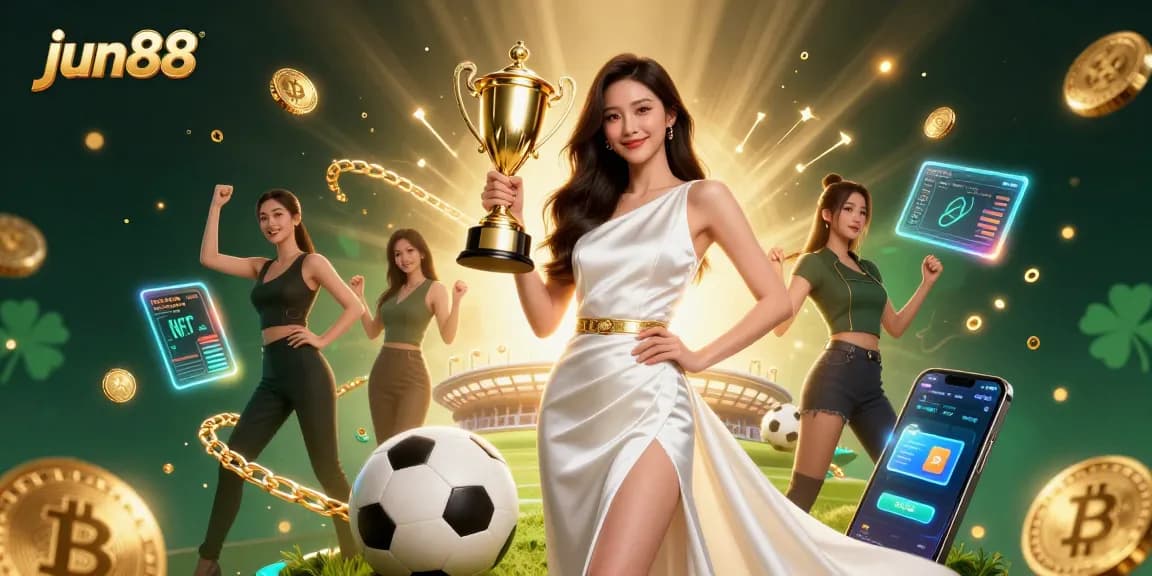 Experience winning moments at jun88 with a victorious Asian woman holding a trophy in a vibrant casino scene.