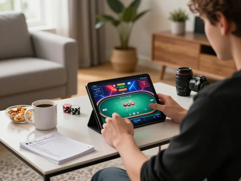 Playing poker on 789CLUB app, highlighting an engaging home gaming atmosphere with strategy notes.
