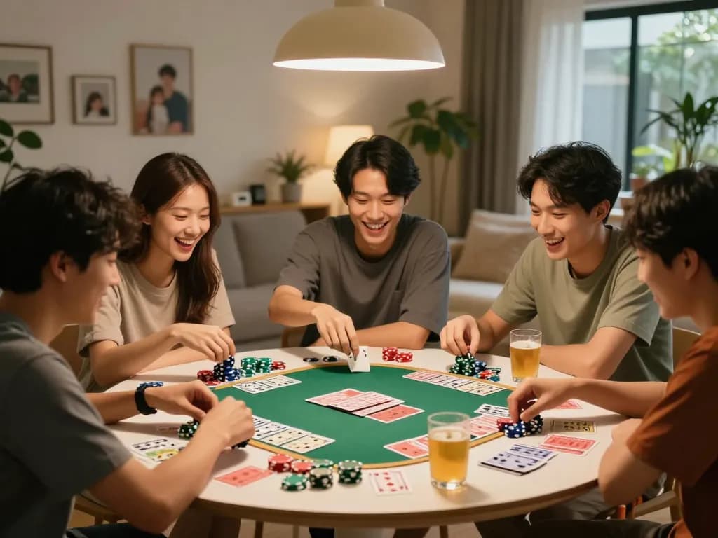 Engaging friends enjoying a Dewa togel game night with vibrant poker elements and a cozy atmosphere