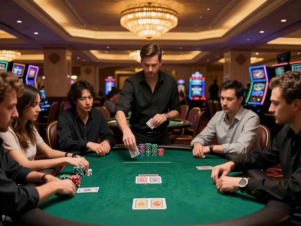 Players strategizing their moves at a poker table in a luxurious NET88 casino environment