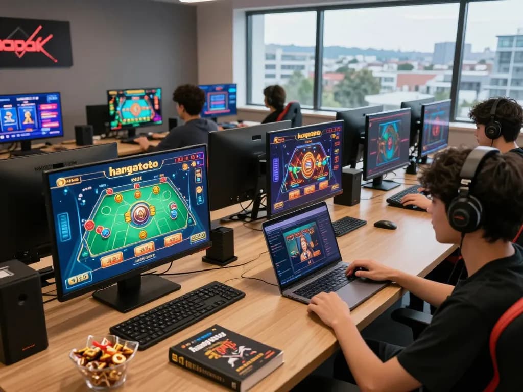 Player strategizing on hargatoto platform amidst lively online gaming atmosphere