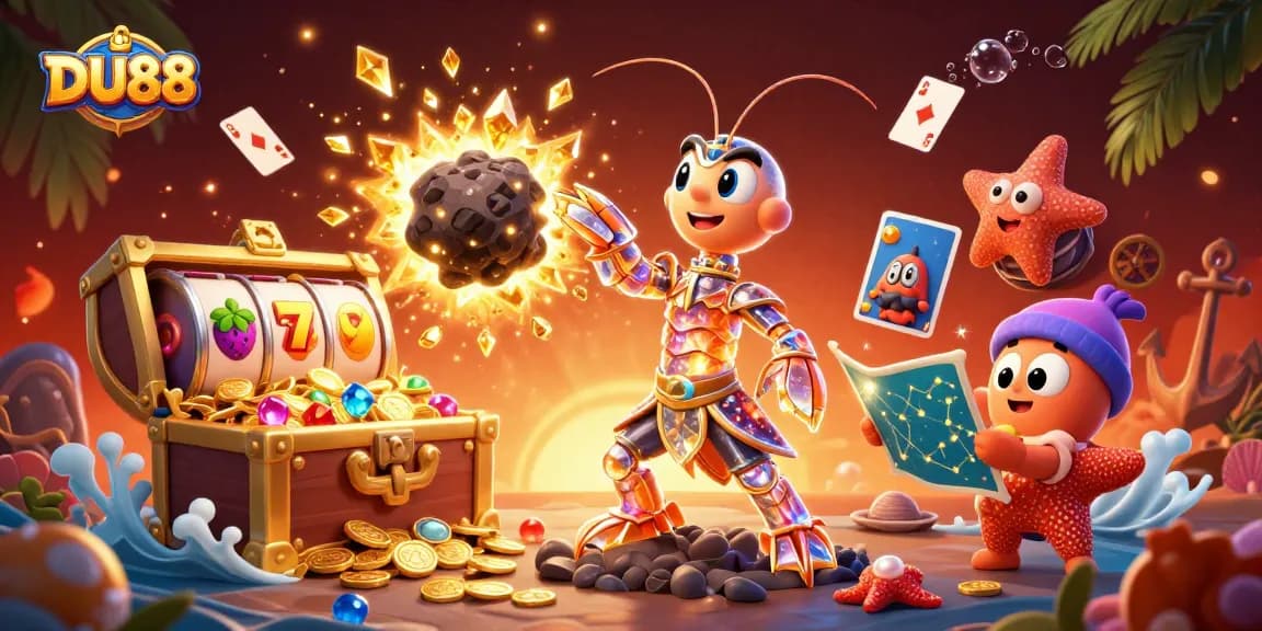 Engage with DU88 by discovering golden treasures and vibrant slot games in a dynamic casino scene.