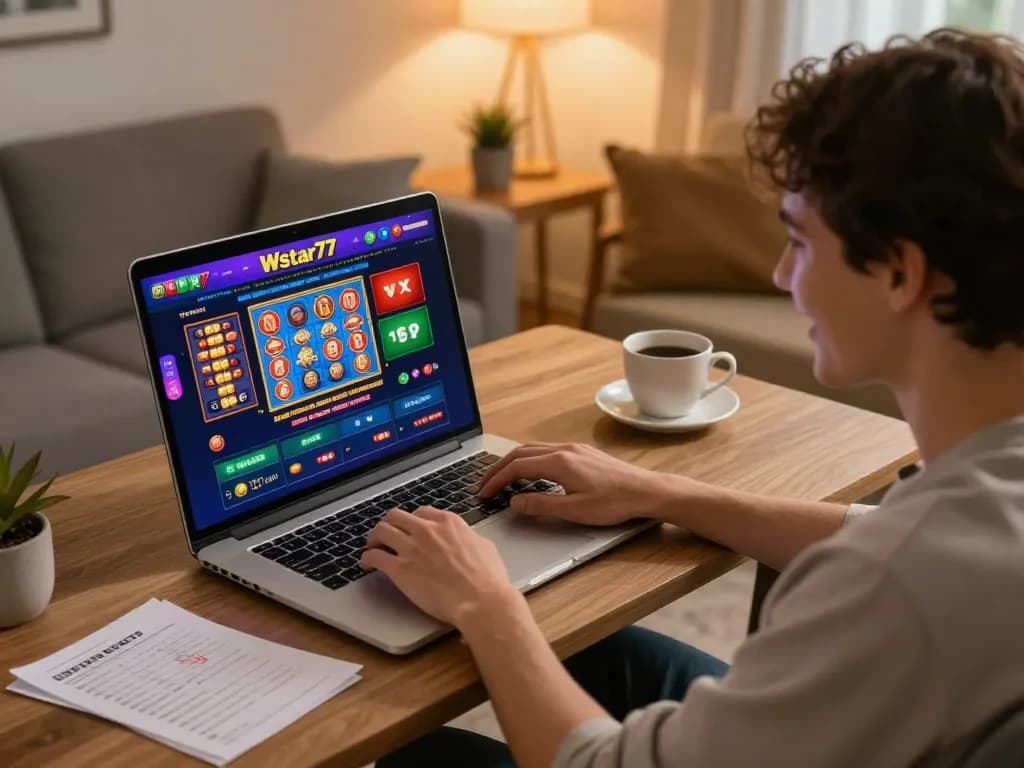 Engaging online gameplay at Wstar77, showcasing vibrant slots and a player's strategy notes.