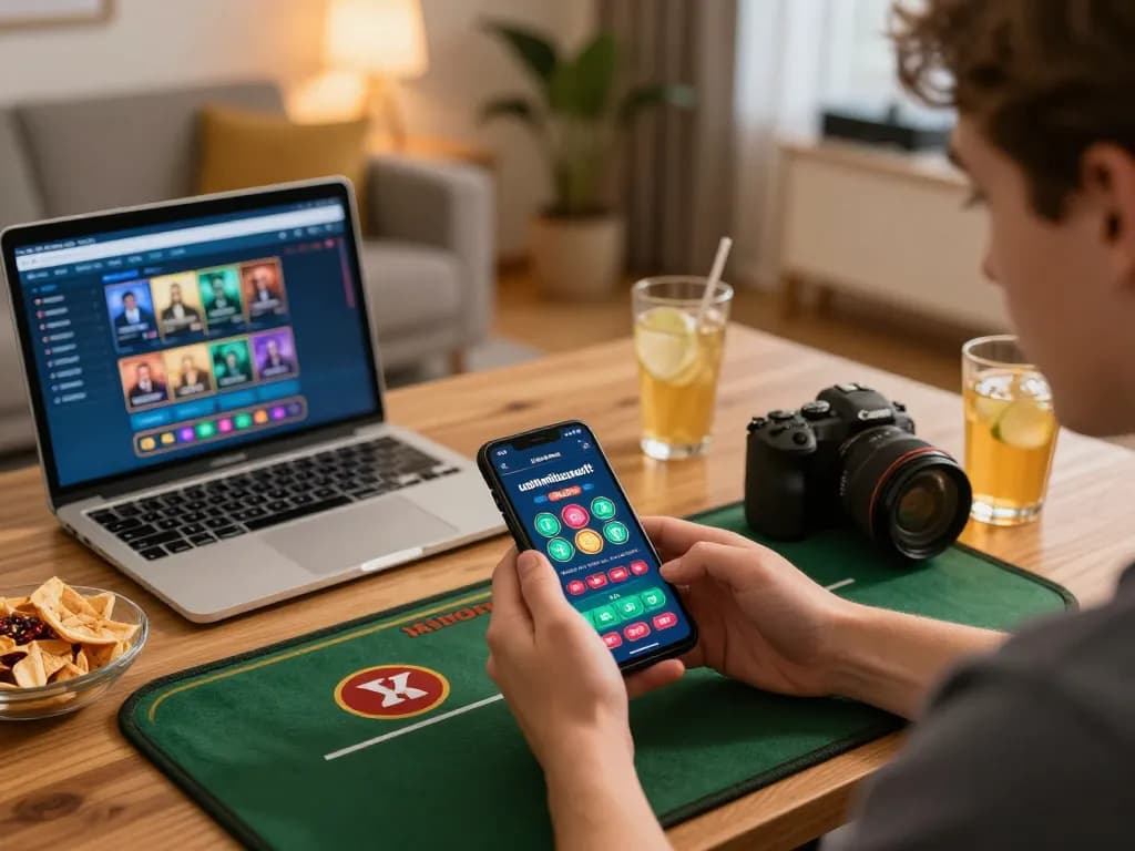 Person enjoying mobile gambling on ushimitsusoft app, surrounded by cozy home setup.