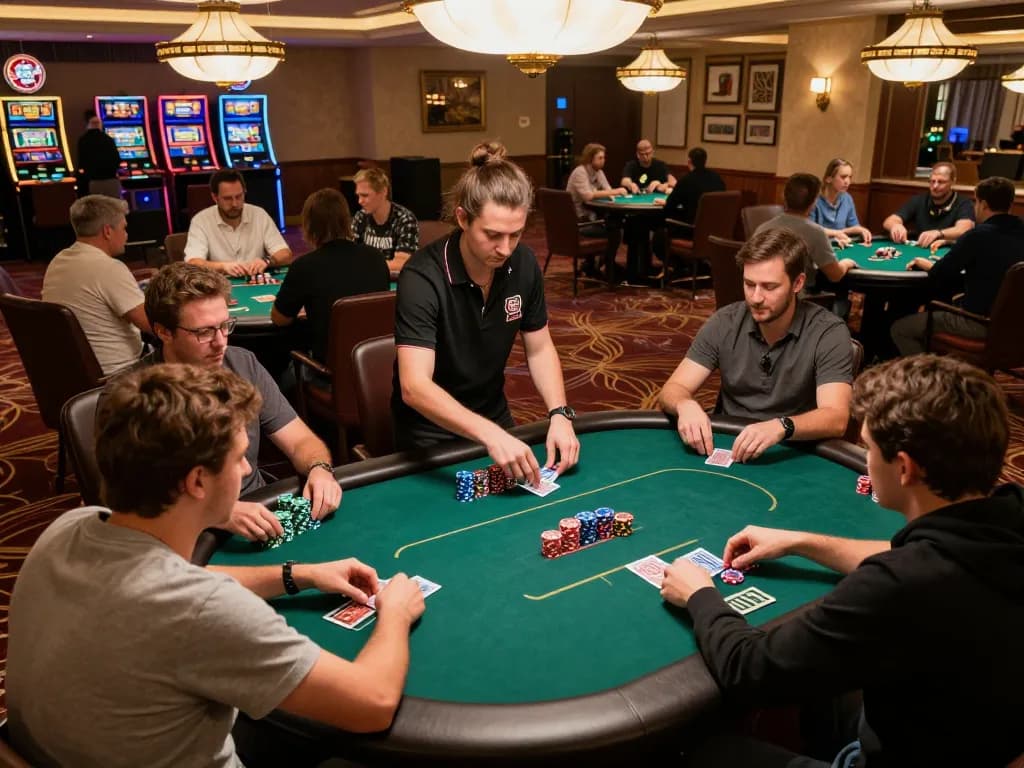 Players strategizing in an intense Poker88 game with vibrant chips and cards in a lively casino setting.