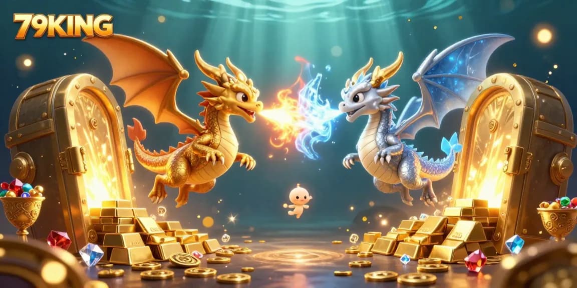 Conquer the casino world with 79KING as gold and silver dragons bring fortune in this vibrant 3D illustration.