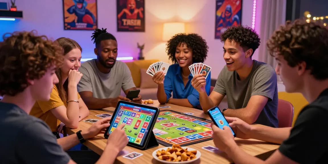 Engaging friends playing an online game of Card Rummy in a cozy living room, showcasing excitement and colorful graphics.