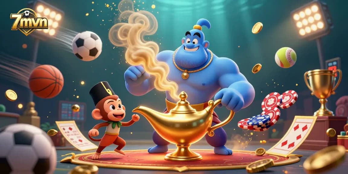 Experience the excitement of sports betting with 7mvn as illustrated by a dynamic scene featuring a genie and sports elements.