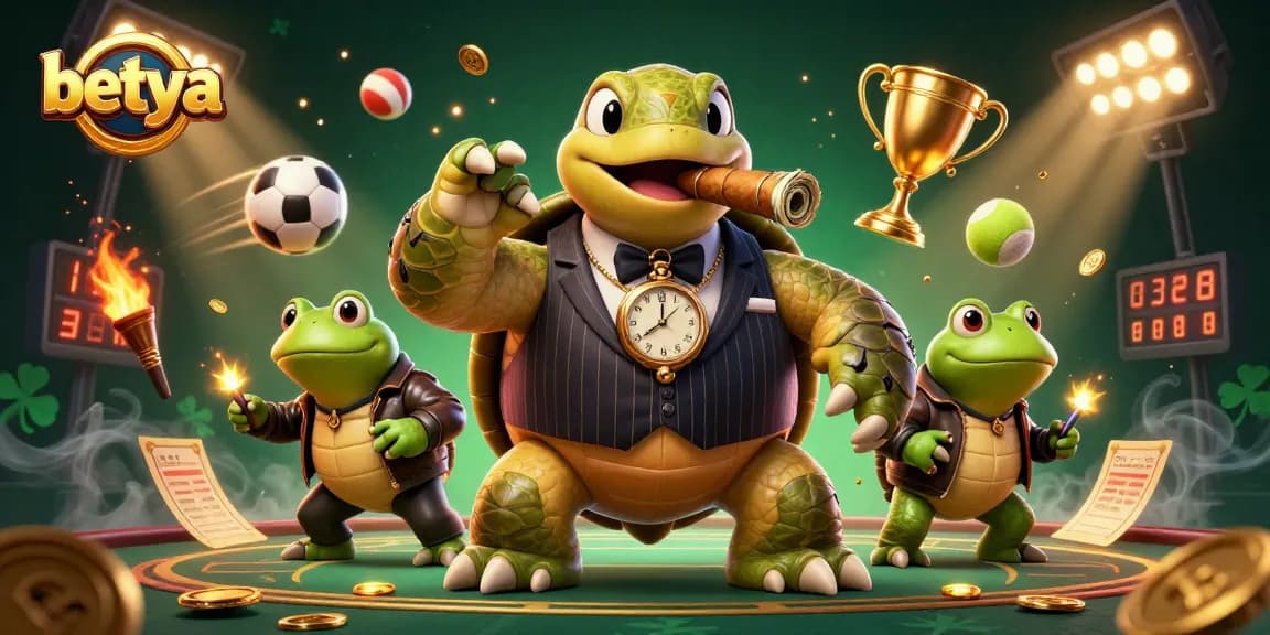 Betya online casino scene with a massive snapping turtle and bullfrog enforcers surrounded by sports elements.