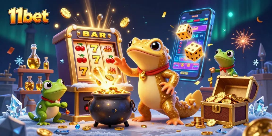 Win big at 11bet with magical golden coins and vibrant slots in an enchanted casino scene.