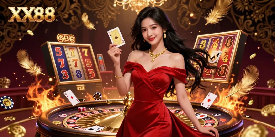 Experience the thrill of winning with XX88’s rich gaming atmosphere showcasing a beautiful dealer and luxurious elements.