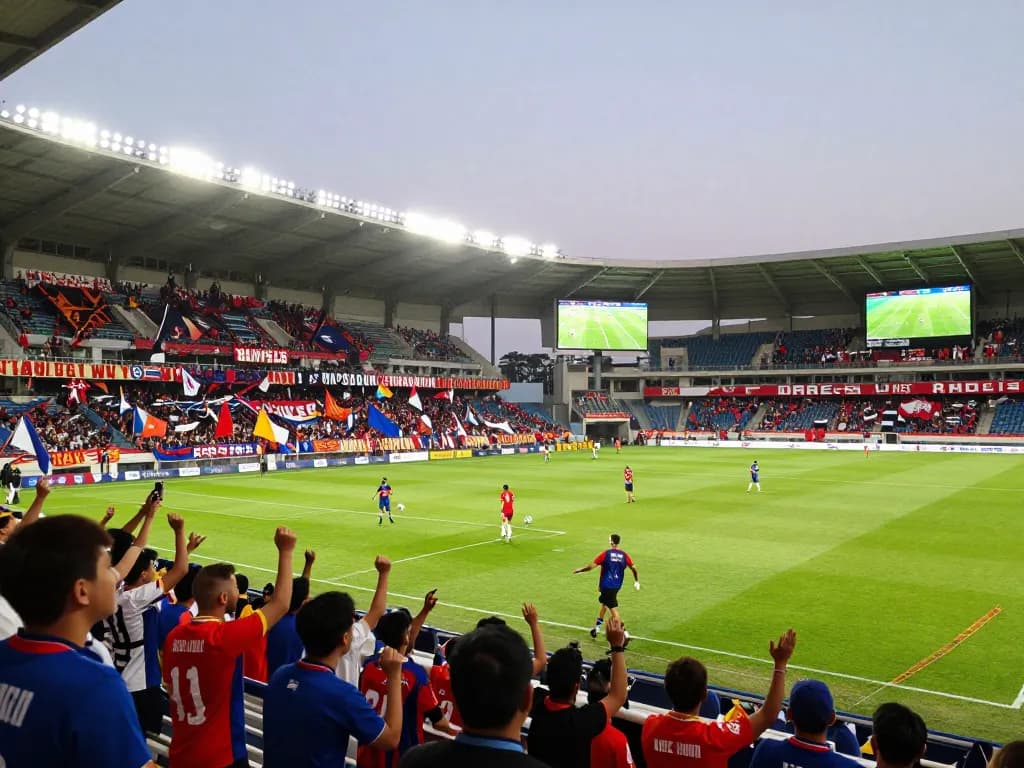 Soi kèo bóng đá hôm nay vibrant football match scene with fans cheering, players in action, and stadium lights.