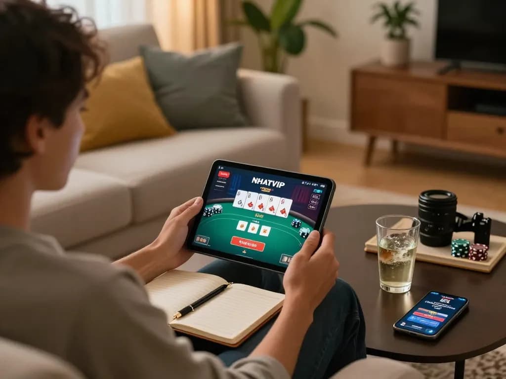 Players enjoying poker at NHATVIP online casino from a cozy home setting on tablets.