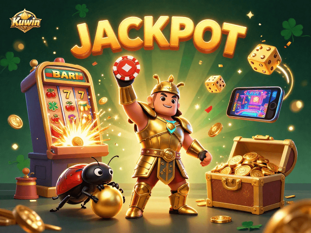 Kuwin's cartoon hero triumphantly lifts a poker chip amidst a whirlwind of casino action, representing winning strategies.