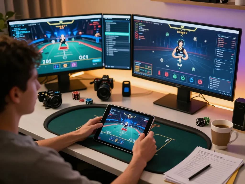 Nego77 participant strategizing during an online poker game on a tablet in a cozy home setting.