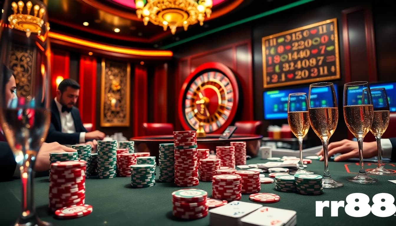 Experience thrilling gameplay at rr88 with colorful poker chips and an elegant casino table.