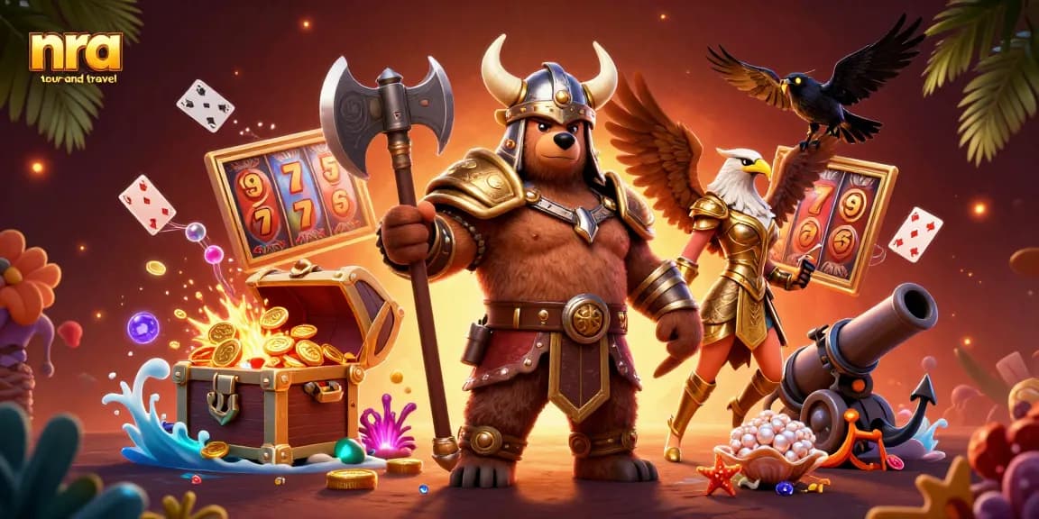 NRA Tour and Travel fans enjoy thrilling gameplay with Viking themes and colorful slot elements in a vibrant scene.