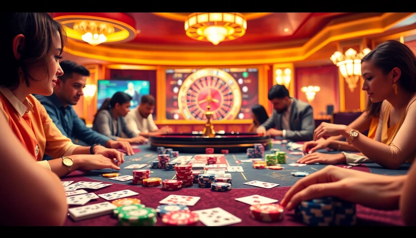 Experience the excitement of gambling at 33win68 with vibrant poker action at a casino table.