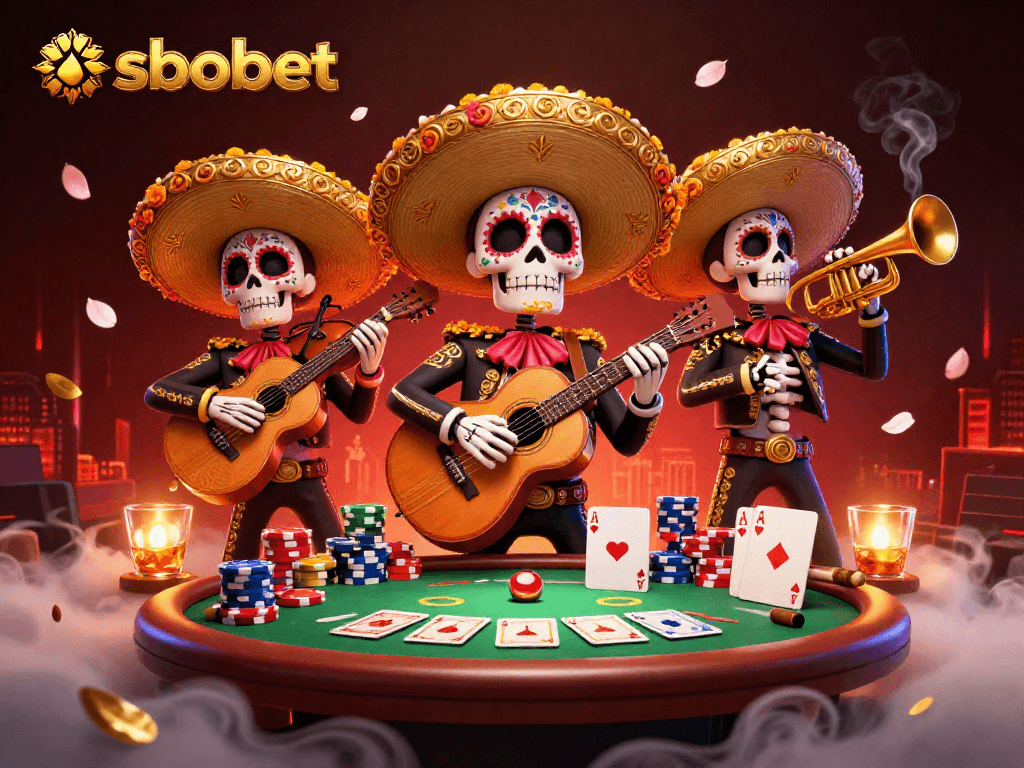 sbobet action with lively skeleton mariachi band amid poker excitement in a vibrant casino scene