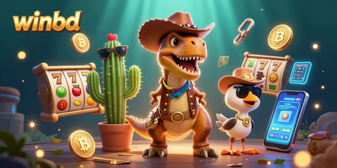 Winbd platform showcasing a dynamic 3D cartoon scene with T-Rex, cactus, and roadrunner amidst casino elements.