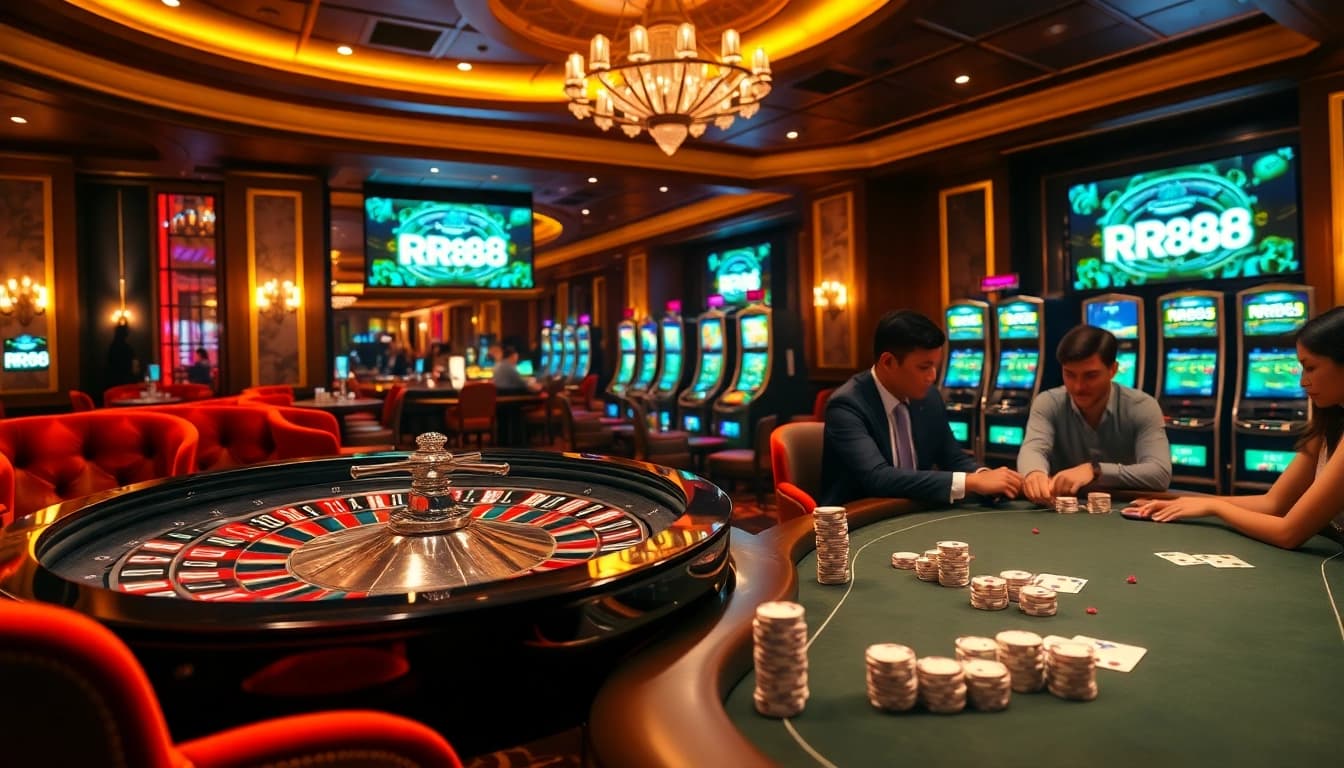 Players enjoy a thrilling gambling experience at RR88 with poker and roulette in a luxurious casino.