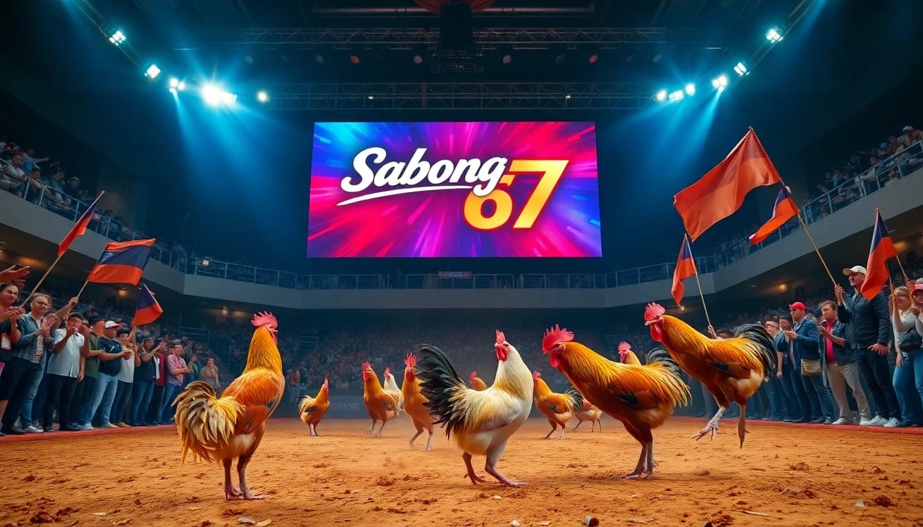 Exciting live cockfighting event at Sabong 67 featuring energetic spectators and vibrant lighting.
