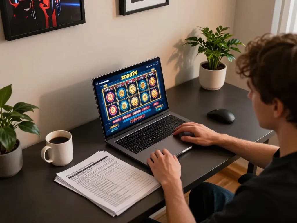Engage in strategic gameplay on zood24 with an online slots interface displayed on a bright laptop screen