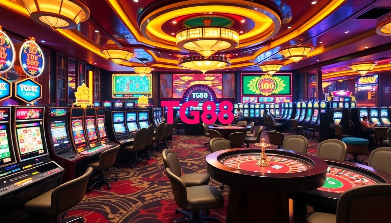 The excitement of gaming at the TG88 casino with vibrant tables and slot machines.