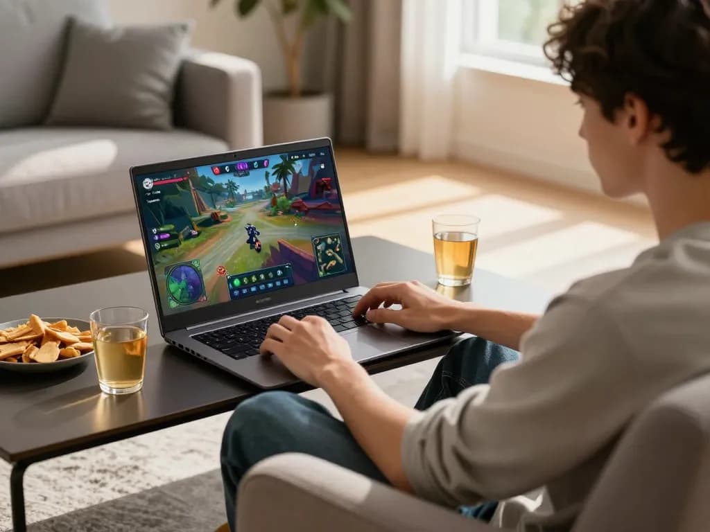 KADAL778 interactive gaming scene with player using laptop in a cozy living room, emphasizing strategic online gaming