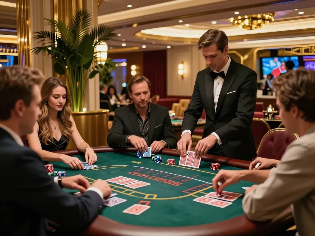 Players engaged at blackjack table in mb66 casino, showcasing intense gameplay and luxury atmosphere.