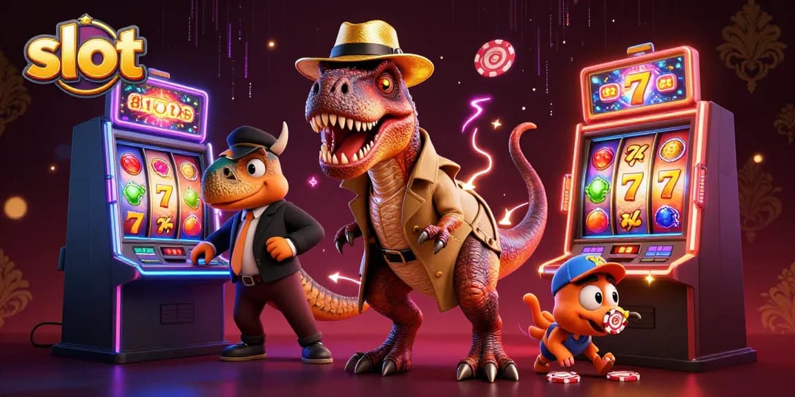 Experience thrilling slot action with a velociraptor at a slot machine amidst dynamic gaming elements.