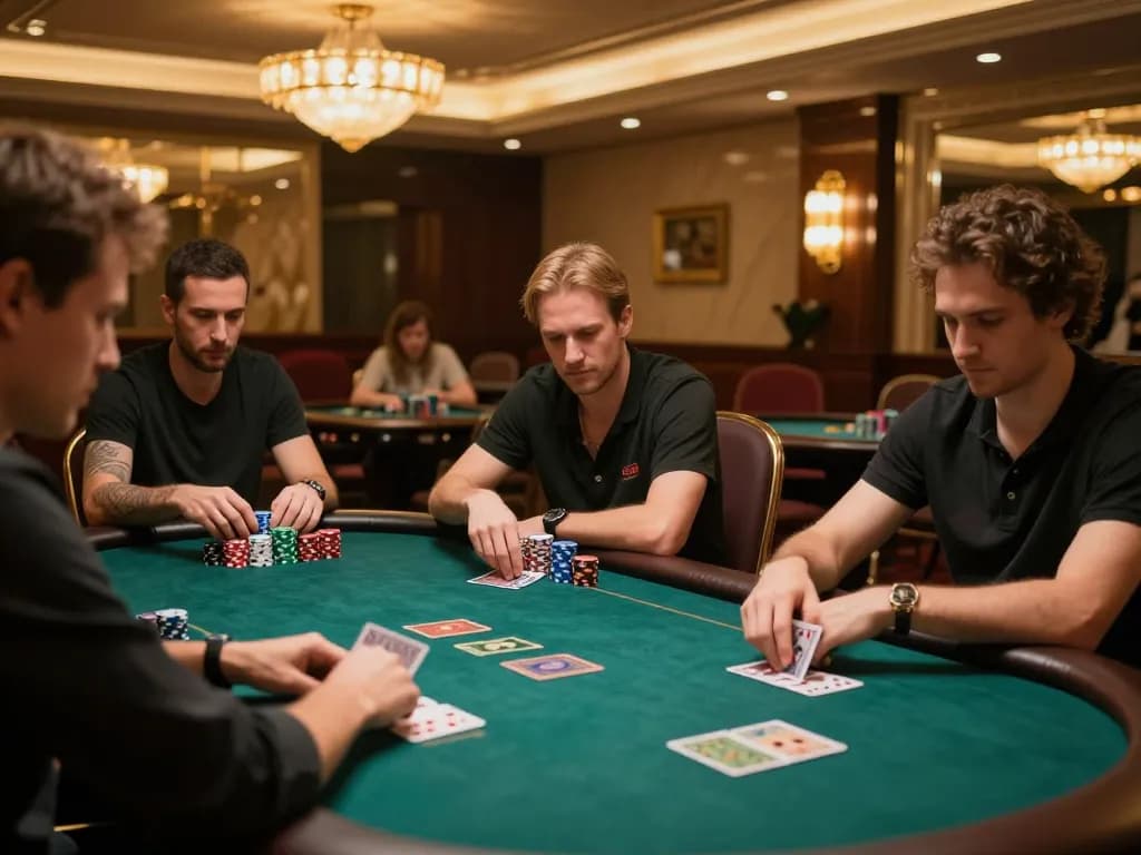 Engaged players in a high-stakes poker game at TR88 Casino, showcasing strategic decisions and glamorous atmosphere.