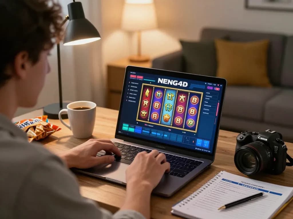 Player engaging with NENG4D online slot game interface, focused on strategic betting in a cozy home setting.