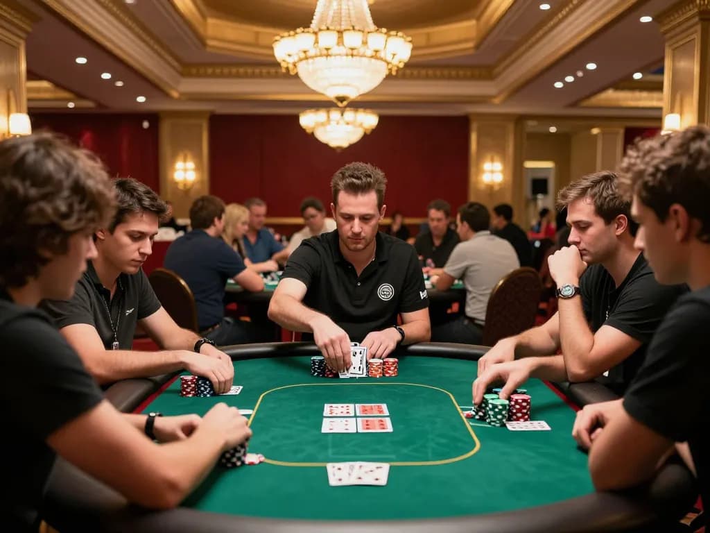 Engaged players at a poker table showcasing strategy in domino88 poker surrounded by an upscale casino atmosphere.