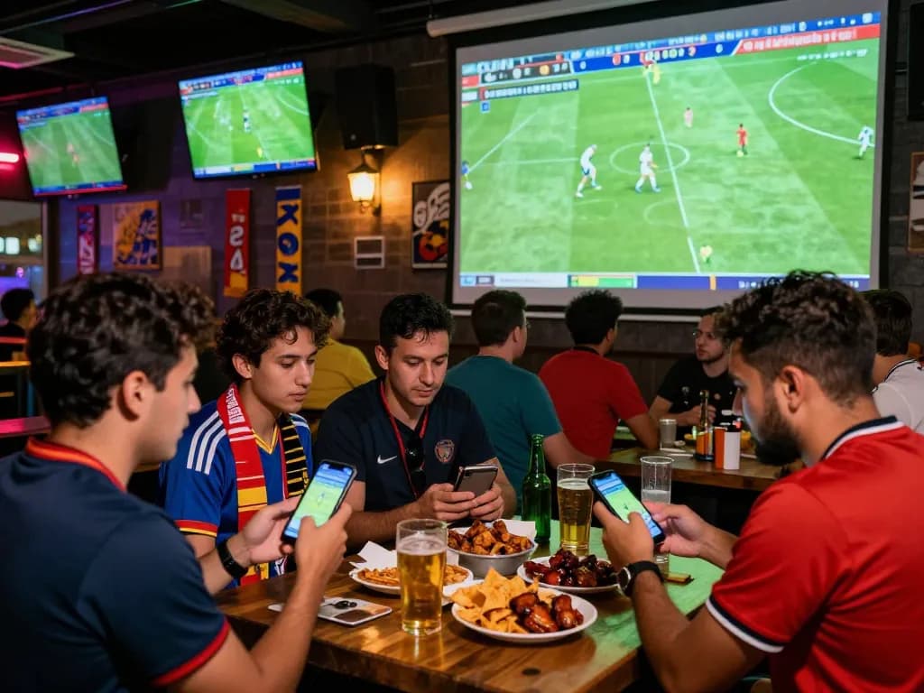 Engaged fans analyzing tỷ lệ kèo bóng đá with excitement in a lively sports bar.