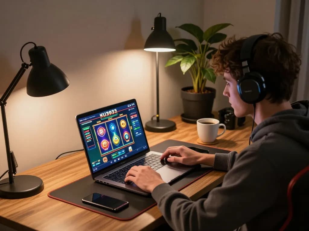 Player enjoying KU3933 slot games on a laptop in a cozy home setup