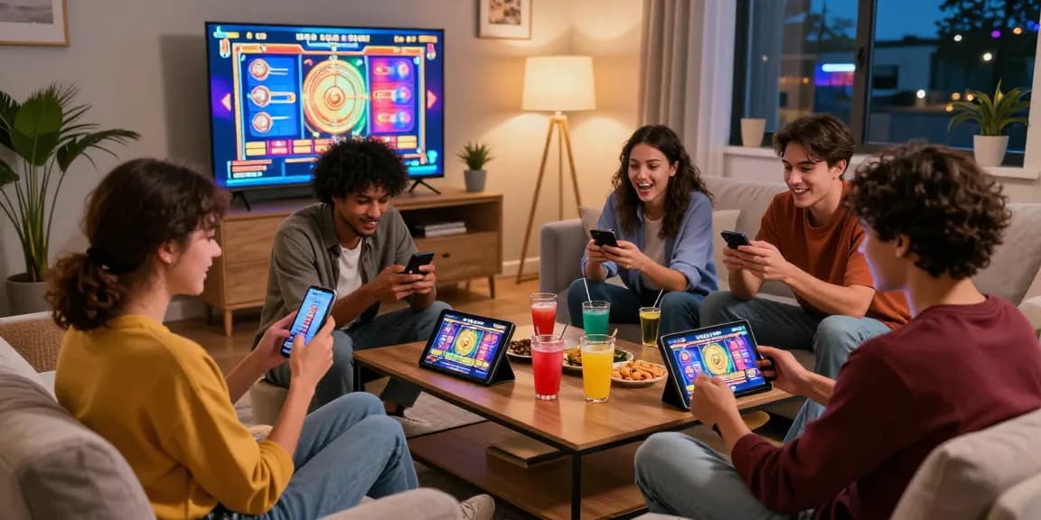 Play online with friends in a cozy living room setting, enjoying slot games and snacks.