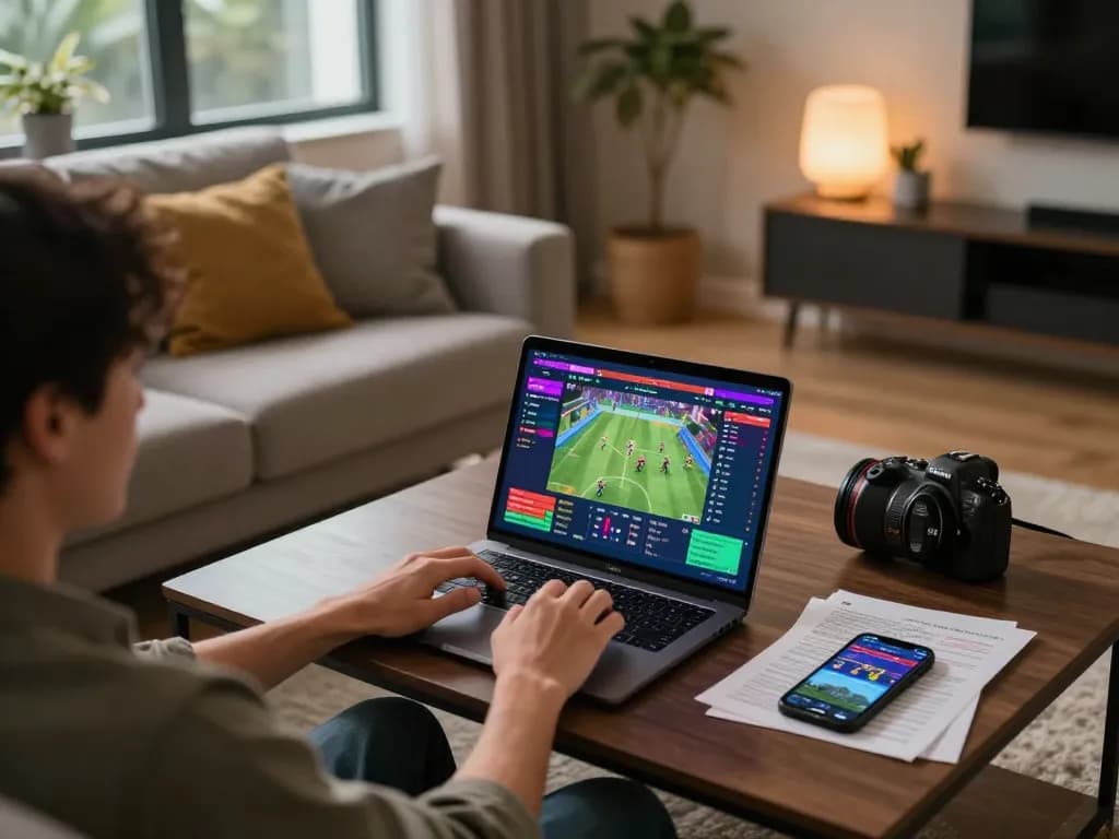 Cakhiatv user engaging in online sports betting at home with laptop and notes.