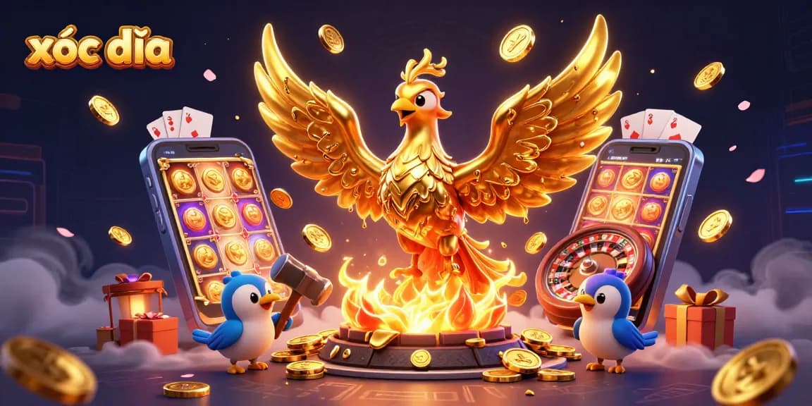 Xóc đĩa engaging scene with golden phoenix, slot games, and gaming elements bursting with action.