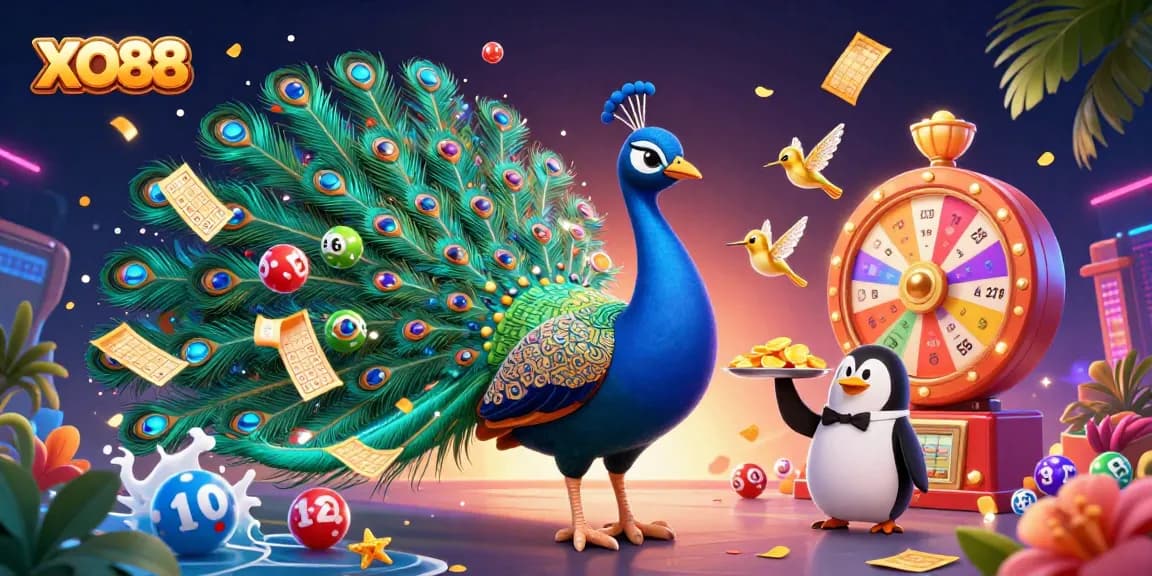 Engage with XO88's exciting lottery scene featuring vibrant characters and dynamic gambling elements.