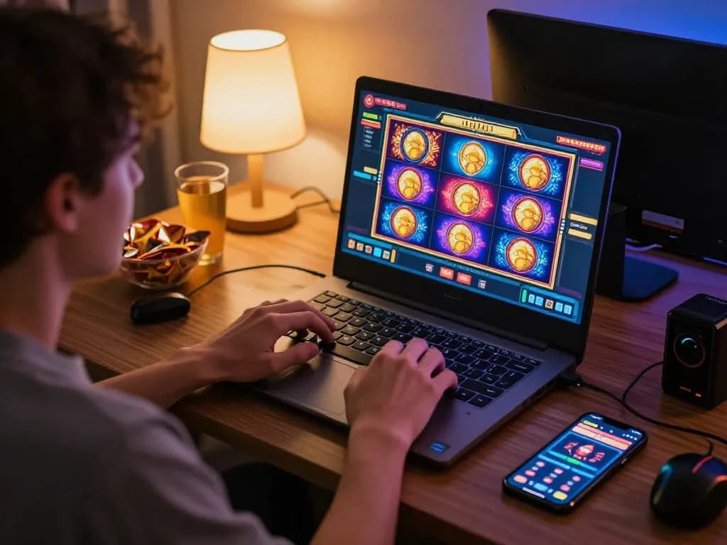 Seseorang yang bermain di mesin slot online aman788, menikmati lingkungan bermain yang nyaman di rumah