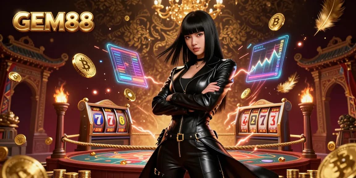 Engage in GEM88's thrilling casino experiences with slot reels, golden coins, and a stunning female character.