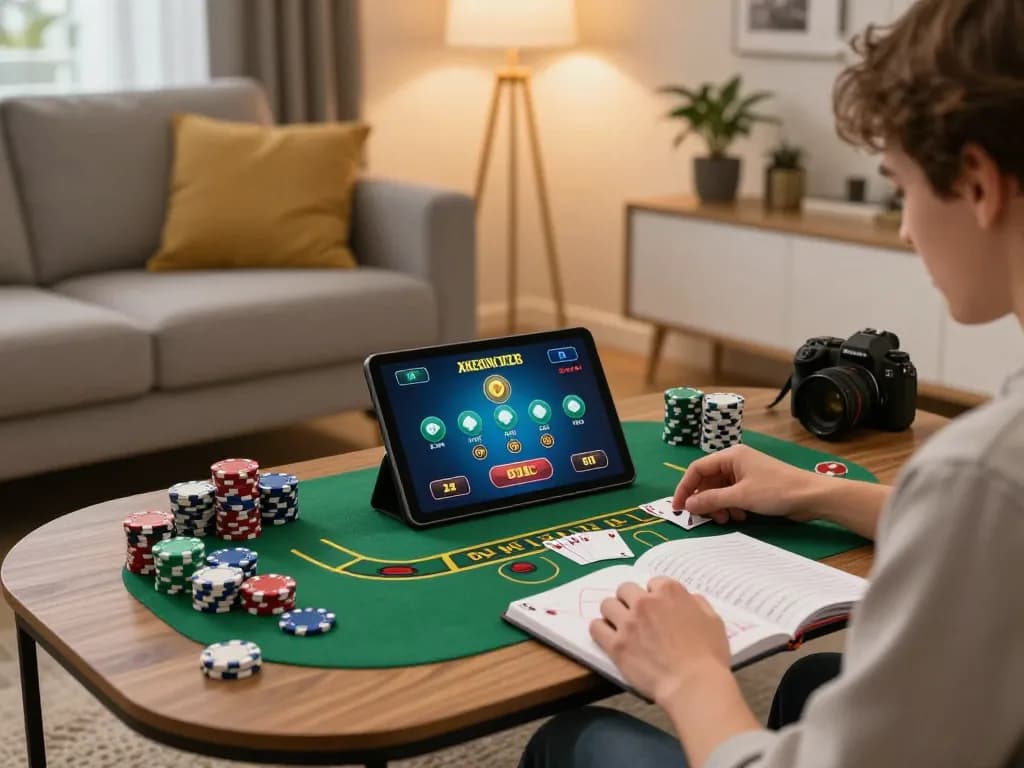Player engaging in live blackjack on 3win tablet in cozy home setting with strategy notes.