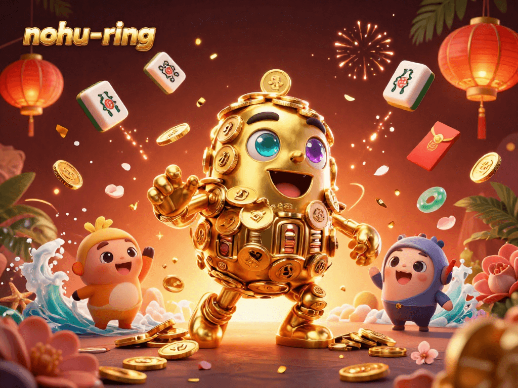 Experience the excitement of nohu-ring with a vibrant casino illustration featuring golden golem and slot symbols.